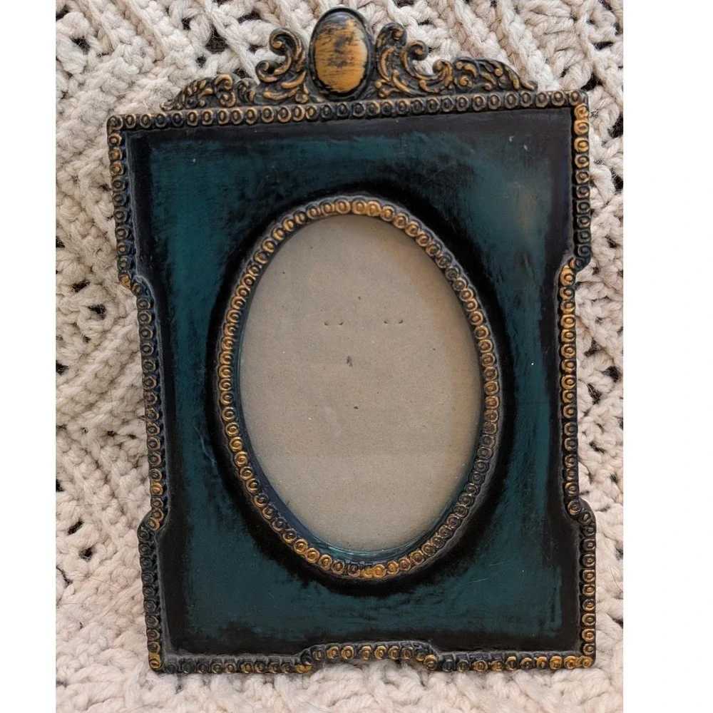 Silvestri Vintage Style Ornate Picture Frame Dark Green Gold Oval 3x5 Tabletop